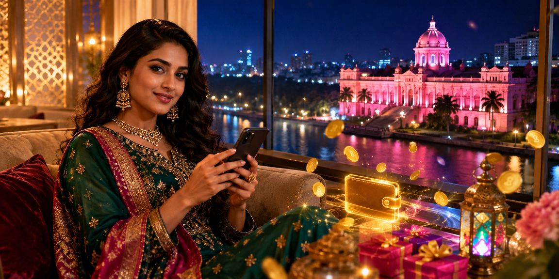 A Bangladeshi user making a mobile deposit during Eid celebrations in Dhaka